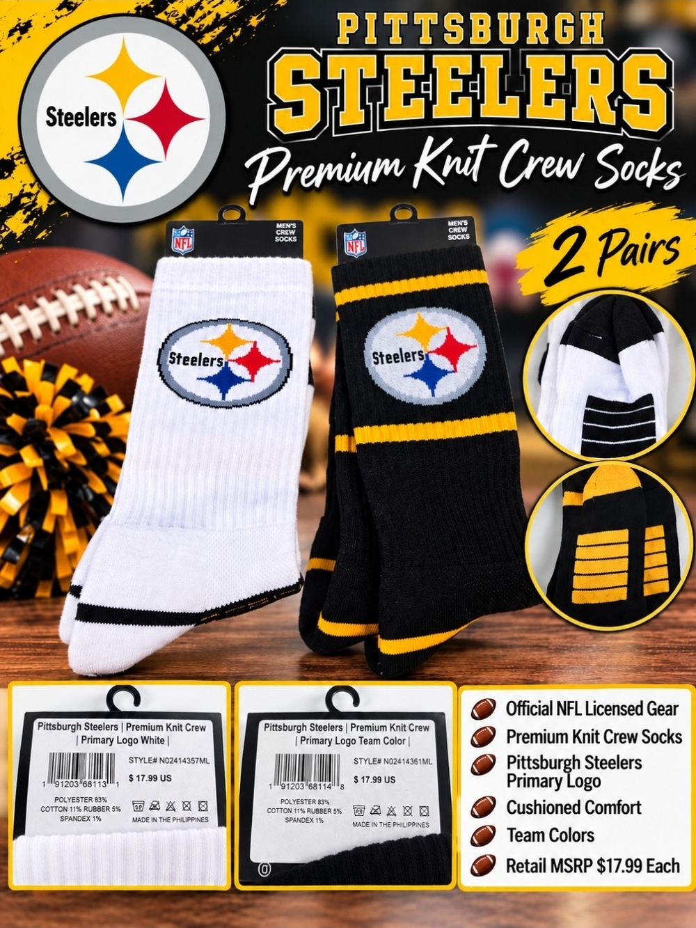Men's Pittsburgh Steelers Premium Knit Crew Socks